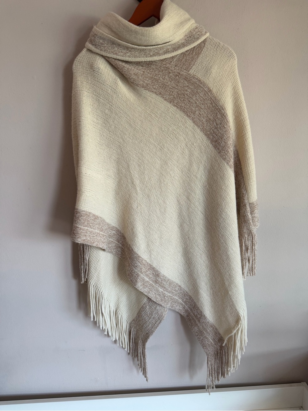 Anthropologie Cream and Taupe Fringe Poncho nwt